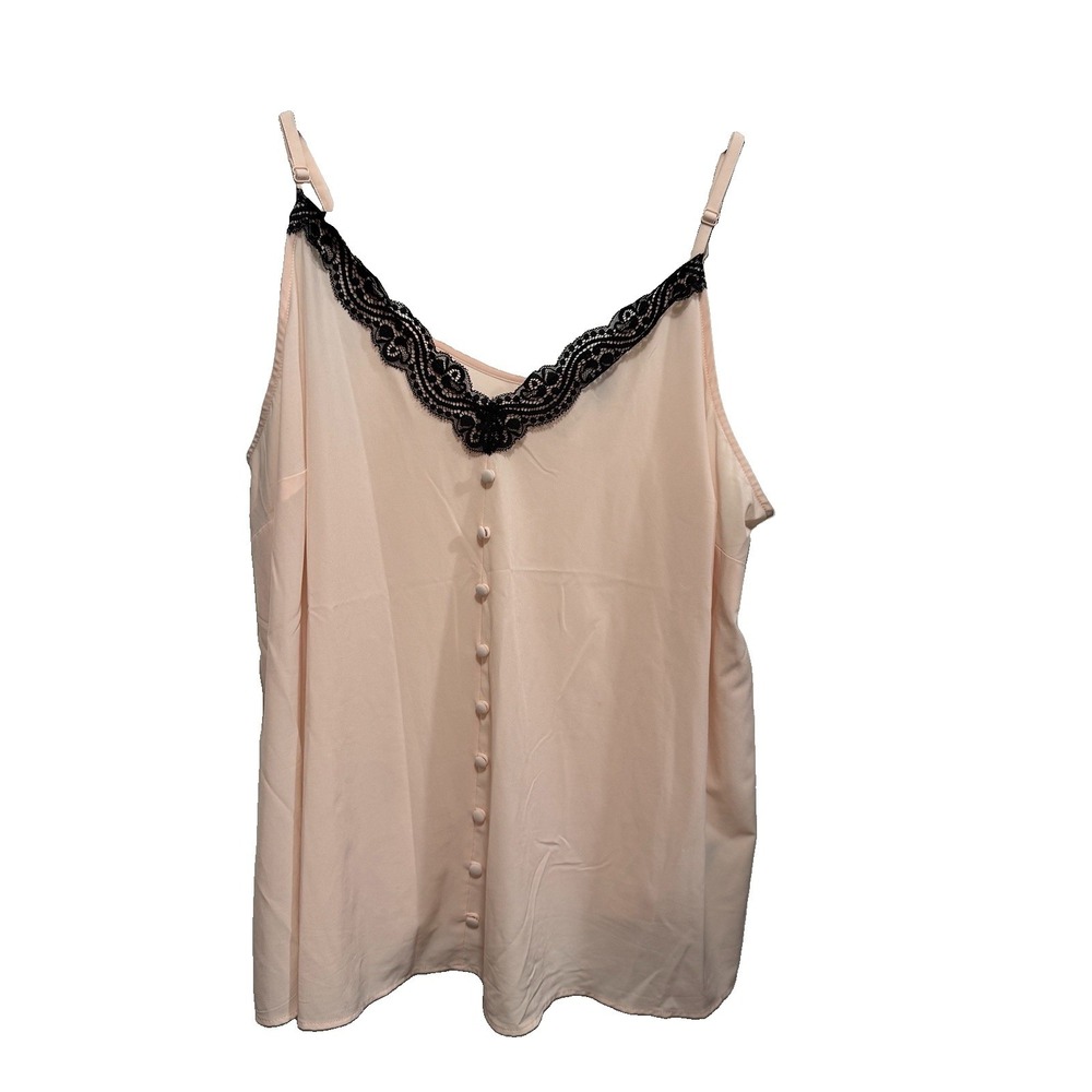 Torrid Cami Womens 1X Peach Chablis‎ Black Lace Trim V Neck Button Accent Tank
